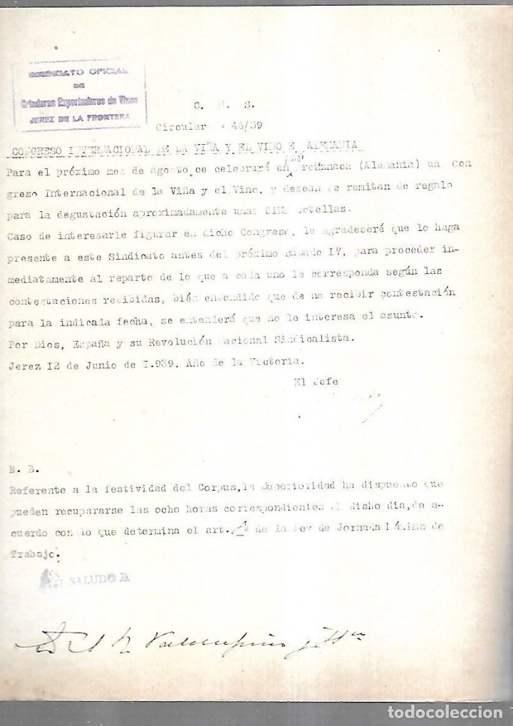 Documenti antichi: CIRCULAR. N&ordm; 46 .SINDICATO OFICIAL DE CRIADORES EXPORTADORES DE VINO. JEREZ DE LA FRONTERA. 1939