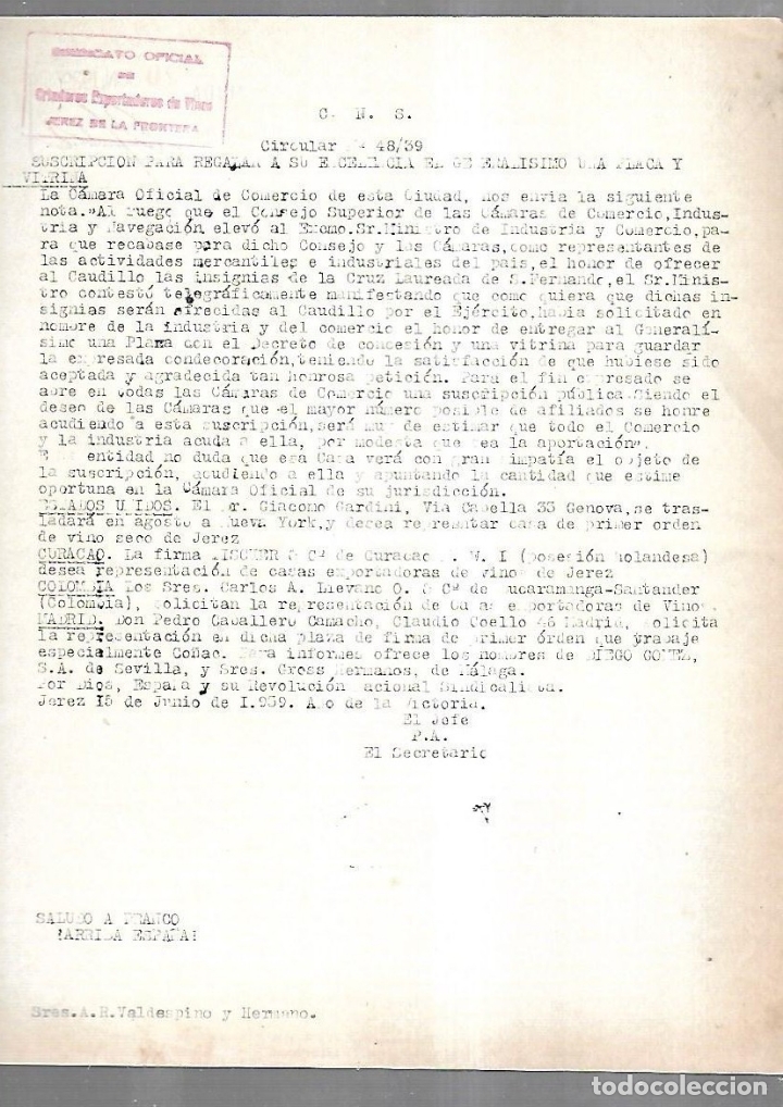 Documenti antichi: CIRCULAR. N&ordm; 48 .SINDICATO OFICIAL DE CRIADORES EXPORTADORES DE VINO. JEREZ DE LA FRONTERA. 1939