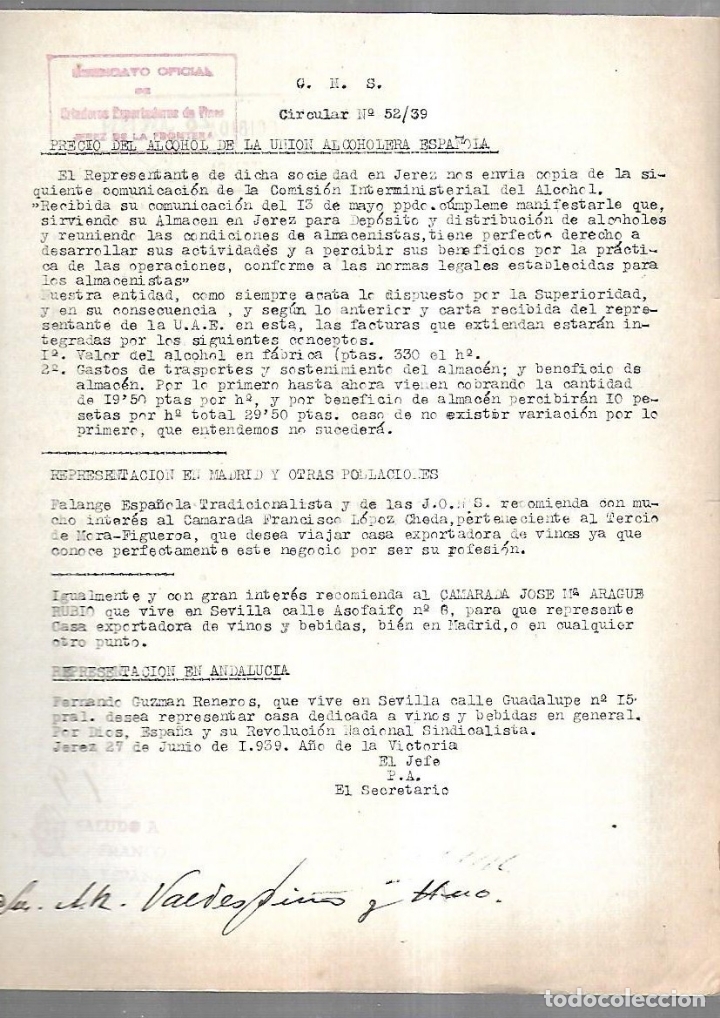 Documenti antichi: CIRCULAR. N&ordm; 52 .SINDICATO OFICIAL DE CRIADORES EXPORTADORES DE VINO. JEREZ DE LA FRONTERA. 1939