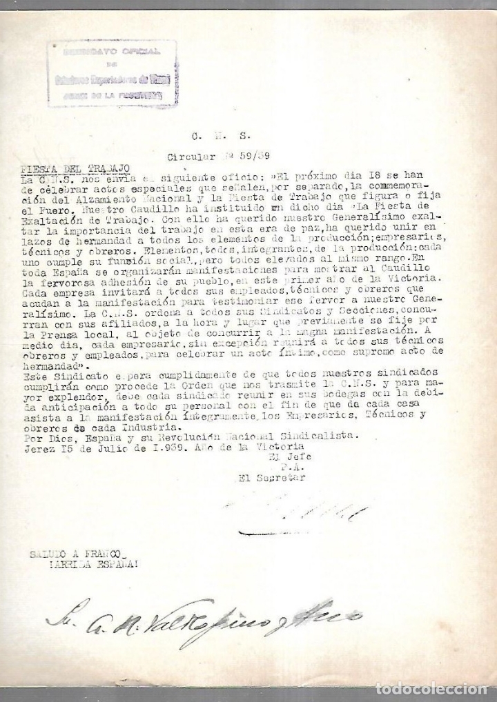 Documenti antichi: CIRCULAR. N&ordm; 59 .SINDICATO OFICIAL DE CRIADORES EXPORTADORES DE VINO. JEREZ DE LA FRONTERA. 1939