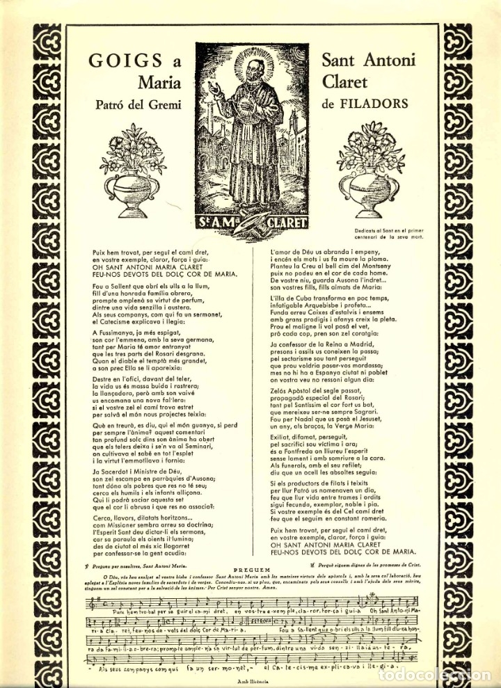 Documentos antiguos: Goigs a Sant Antoni Maria Claret, patr&oacute; dels filadors. Hilatura