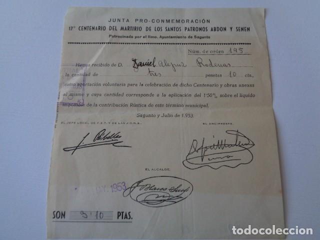 Documentos antiguos: SAGUNTO. VALENCIA. PRO CONMEMORACI&Oacute;N 17 CENTENARIO MARTIRIO SANTOS ABDON Y SENEN. CONTRIBUCI&Oacute;N 1953