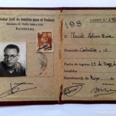 Documentos antiguos: CARNET DE IDENTIDAD,SOCIEDAD CIVIL DE INUTILES PARA EL TRABAJO,EXP.1941,MUY RARO (DESCRIPCIÓN)