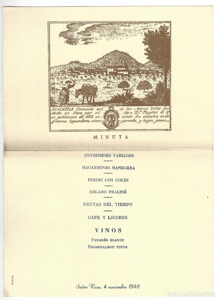 Documentos antiguos: MEN&Uacute;- SAL&Oacute;N ROSA. BODEGA MALLORQUINA. BARCELONA- 1948 (ALGAIDA)