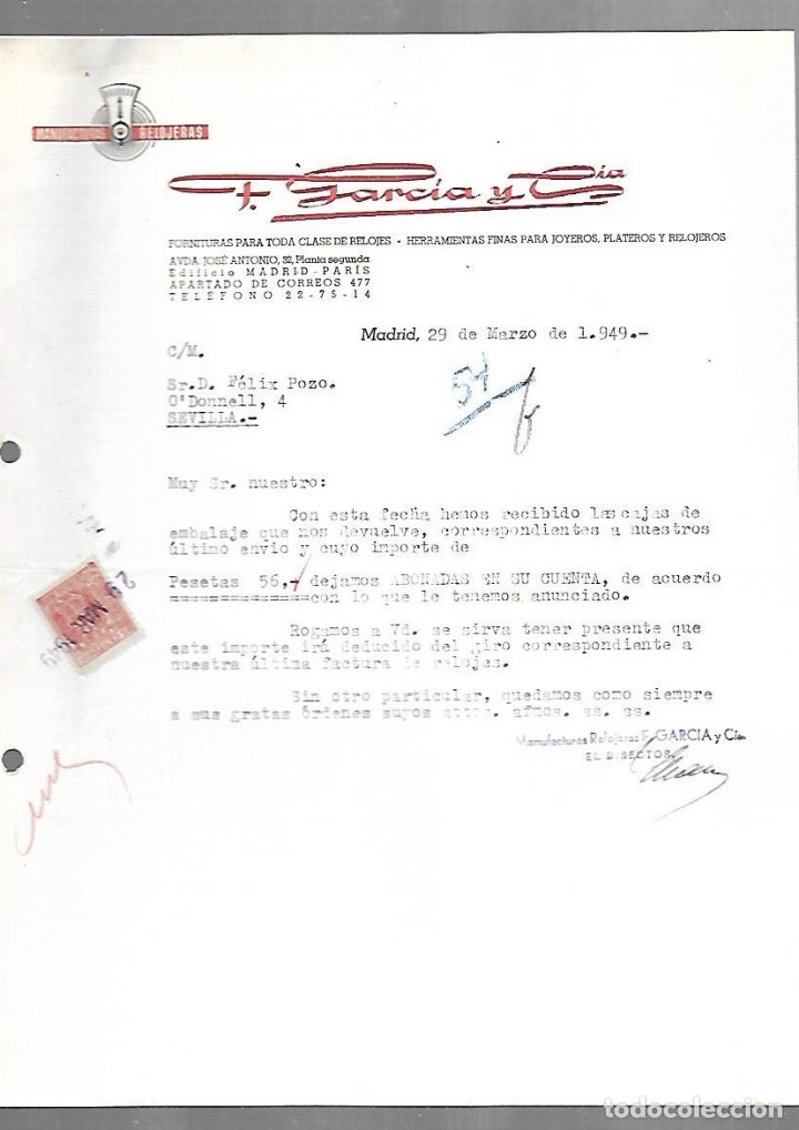 Documentos antiguos: CARTA COMERCIAL. F.GARCIA Y CIA. FORNITURAS PARA RELOJES. HERRAMIENTAS DE JOYEROS. 1949. MADRID