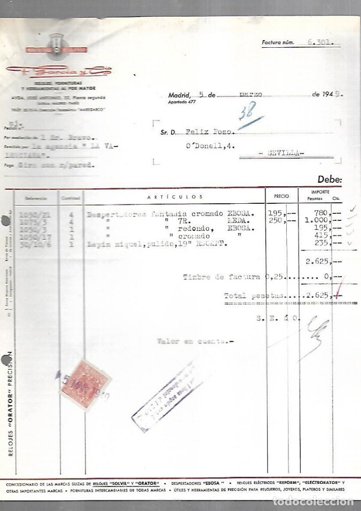 Documentos antiguos: FACTURA. F.GARCIA Y CIA. FORNITURAS PARA RELOJES. HERRAMIENTAS DE JOYEROS. 1949. MADRID
