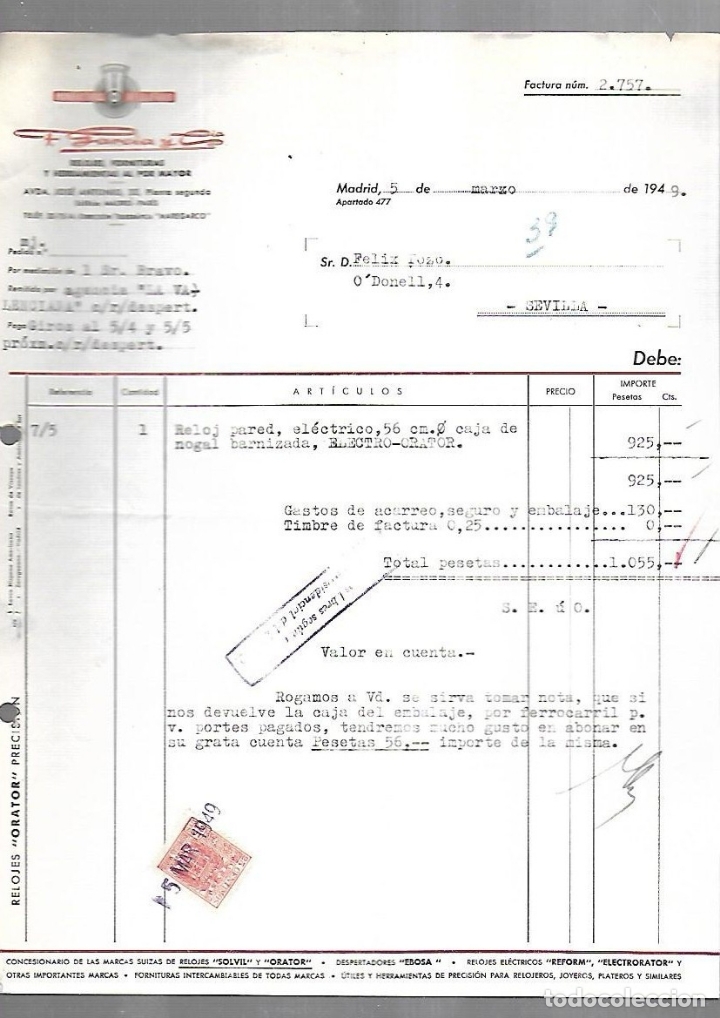 Documentos antiguos: FACTURA. F.GARCIA Y CIA. FORNITURAS PARA RELOJES. HERRAMIENTAS DE JOYEROS. 1949. MADRID