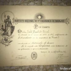 Documentos antiguos: ANTIGUO DIPLOMA REPUBLICANO INSTITUTO NACIONAL SEGUNDA ENSEÑANZA BADAJOZ 1935. Lote 172899612