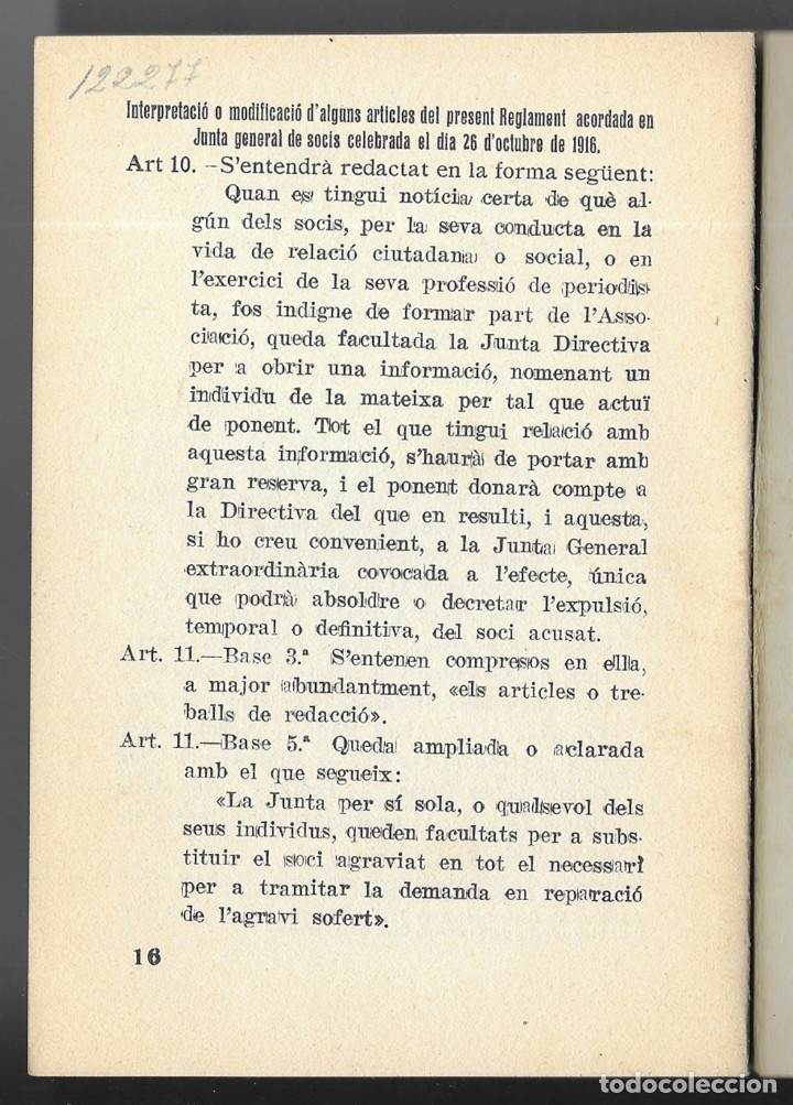 Documentos antiguos: Associaci&oacute; de la Premsa de Terrassa.   Reglament    1916 - Foto 3