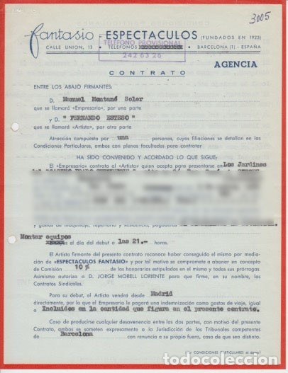 Documentos antiguos: Contrato. Fernando Esteso para actuar en Sitges, 1975.