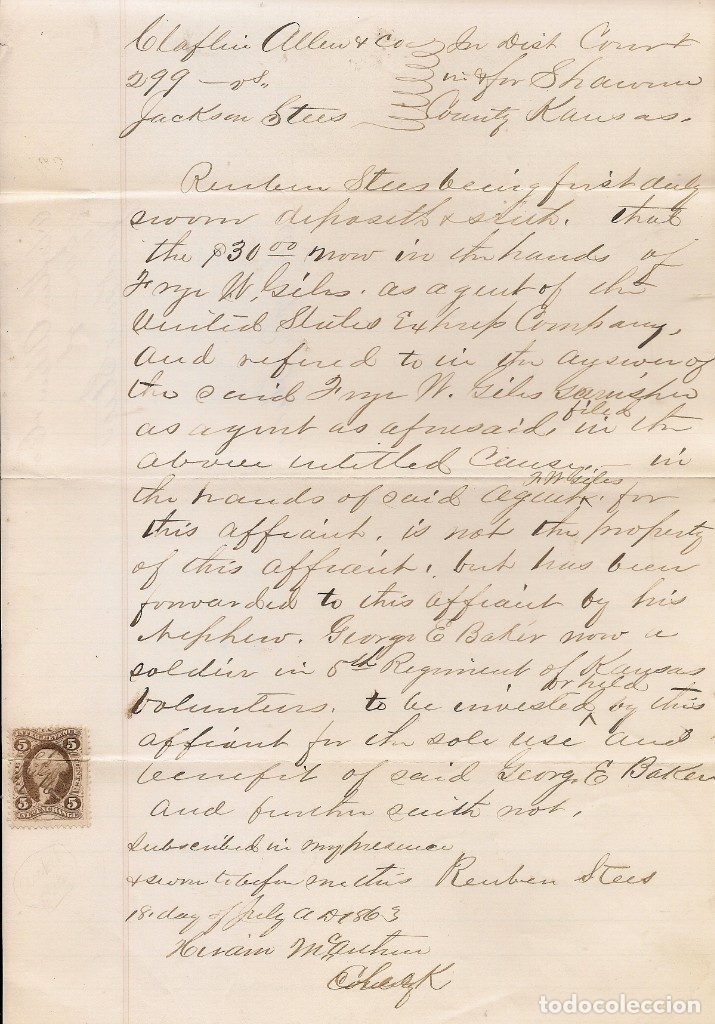 Documentos antiguos: USA - 1863 INVERSION EN PROPIEDAD POR SOLDADO DE KANSAS - SELLO FISCAL