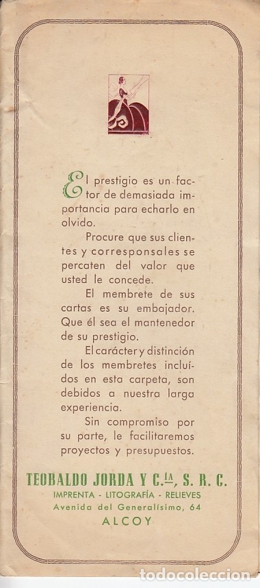 Documentos antiguos: ALCOY (ALICANTE) PROPAGANDA TEOBALDO JORDA IMPRENTA LITOGRAFIA RELIEVES