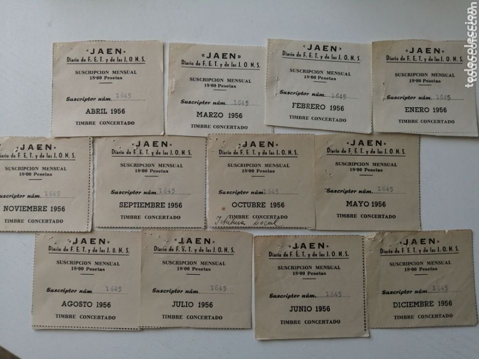 Documentos antiguos: JA&Eacute;N. DIARIO DE FALANGE Y JONS. JEFATURA LOCAL. SUSCRIPCI&Oacute;N ANULIDAD 1956, LOTE 12 CUPONES.