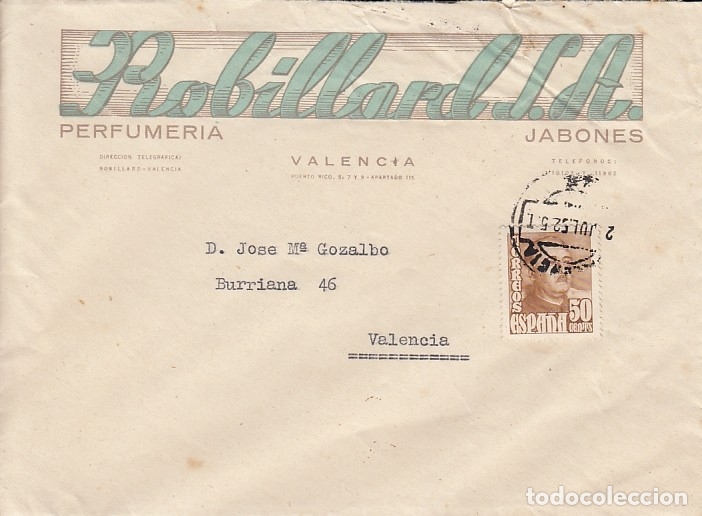 Documentos antiguos: 1952 VALENCIA SOBRE COMERCIAL PERFUMERIA ROBILLARD - Foto 1