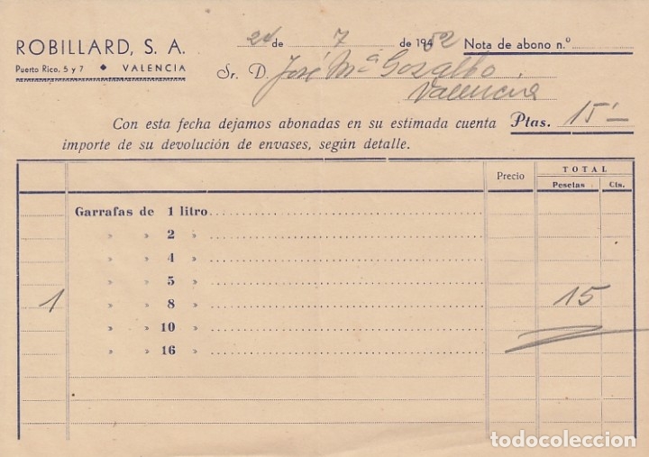 Documentos antiguos: 1952 VALENCIA RECIBO ROBILLARD - Foto 1