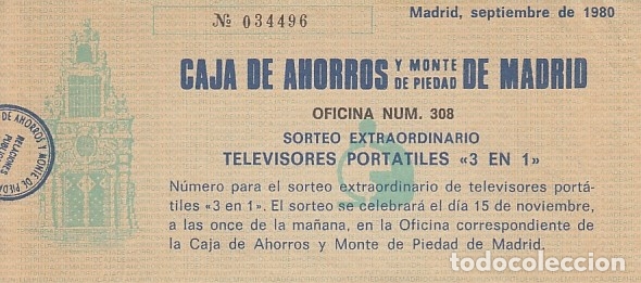 Documentos antiguos: 1980 PAPELETA PARA SORTEO DE LA CAJA DE AHORROS Y MONTE DE PIEDAD DE MADRID
