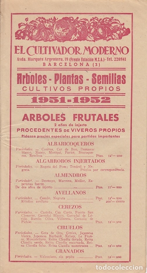 Documentos antiguos: 1952 BARCELONA PROPAGANDA VIVEROS, PLANTAS Y SEMILLAS EL CULTIVADOR MODERNO