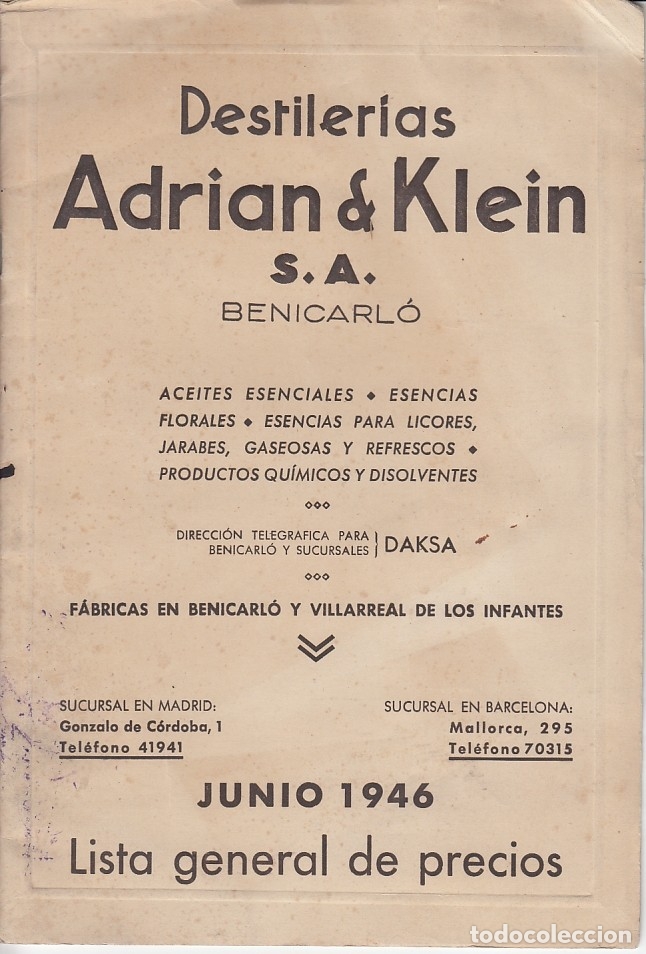 Documentos antiguos: 1946 BENICARLO VILLARREAL DE LOS INFANTES (CASTELLON) PROPAGANDA DESTILERIAS ADRIAN & KLEIN DAKSA