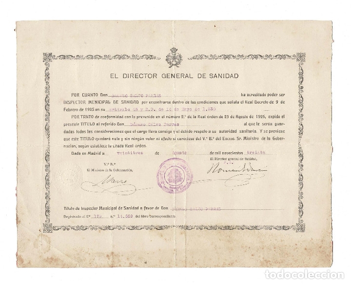 Documentos antiguos: TITULO CONCESI&Oacute;N DE INSPECTOR MUNICIPAL DE SANIDAD 1930 - Foto 1