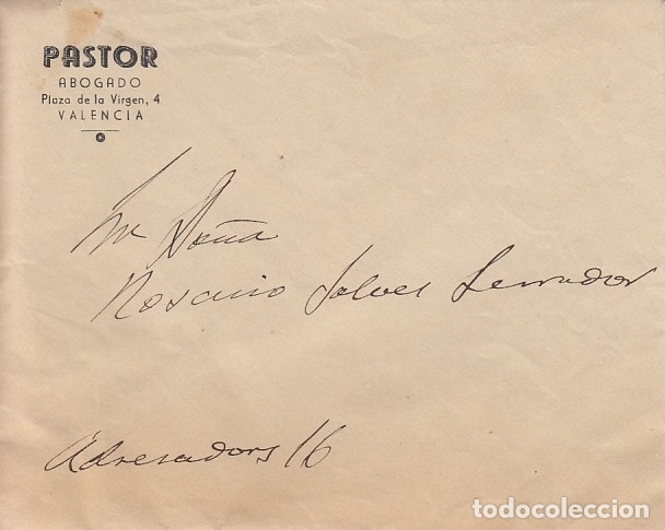 Documentos antiguos: SOBRE MEMBRETE ABOGADO PASTOR. VALENCIA - Foto 1