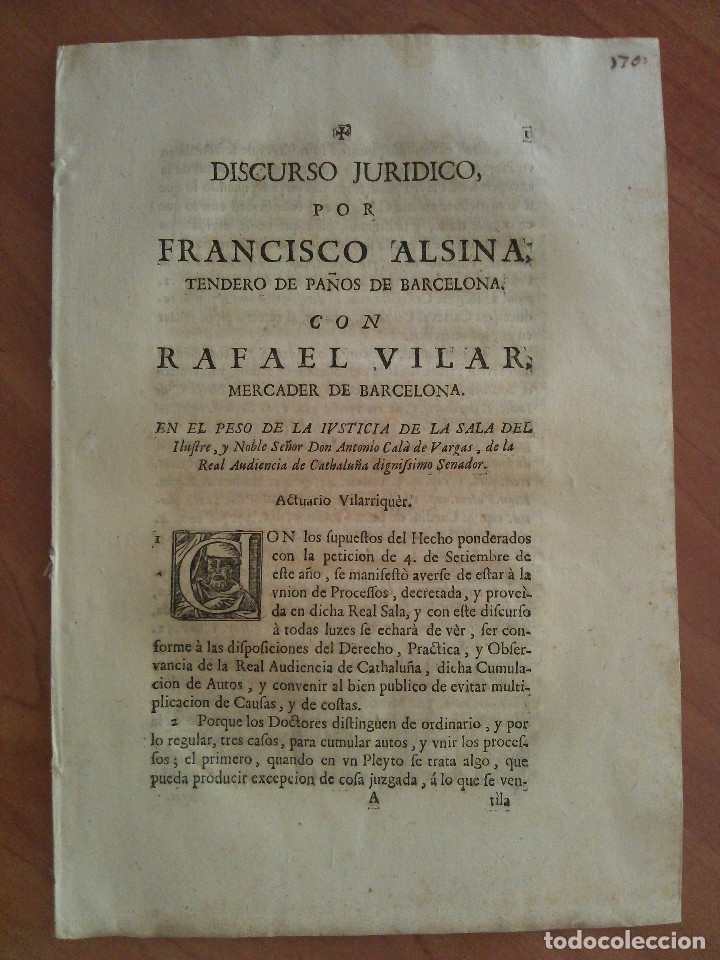 Documentos antiguos: 1716 DISCURSO JUR&Iacute;DICO - BARCELONA - Foto 1