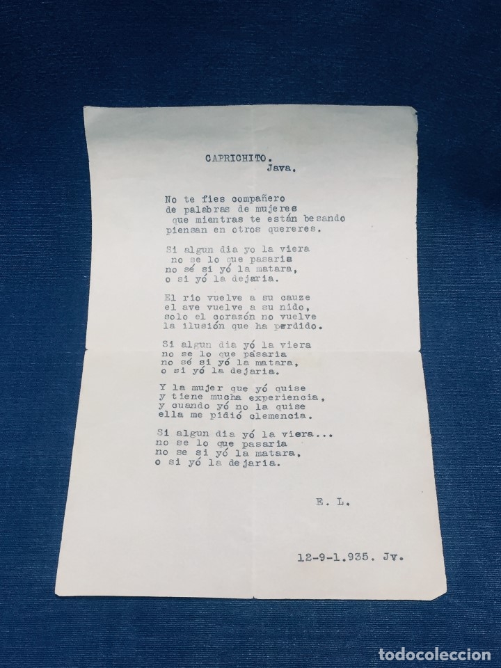 Documentos antiguos: POESIA POEMA CAPRICHITO JAVA 1935 NO TE FIES COMPA&Ntilde;ERO DE LAS MUJERES MECANOGRAFIADO