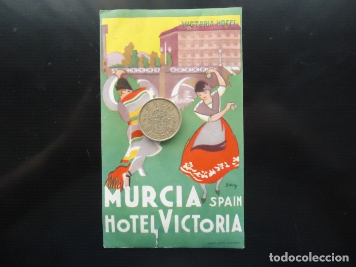 Documentos antiguos: etiqueta vintage hotel victoria murcia levante mediterraneo turismo espa&ntilde;a trajes tipicos murcianos