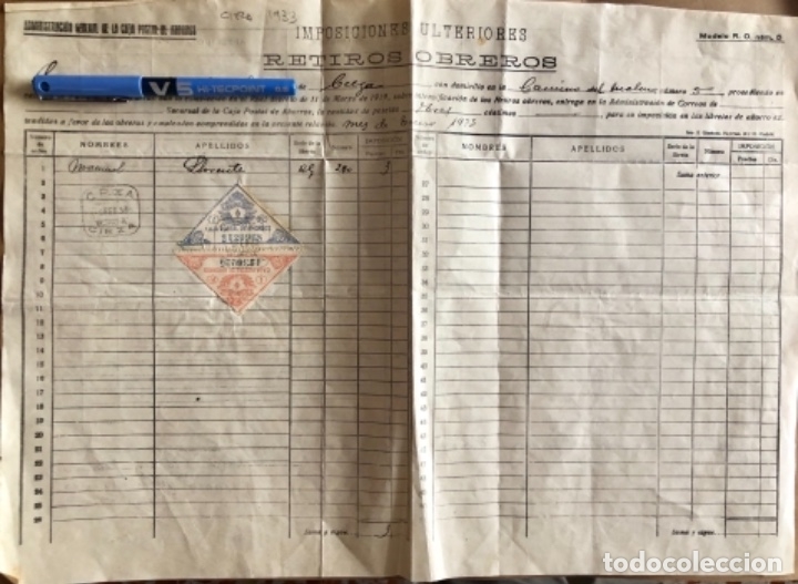 Documentos antiguos: CIEZA- MURCIA-   RETIRO OBRERO  1.933