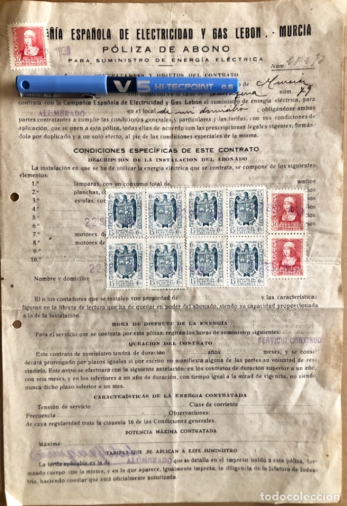 Documentos antiguos: MURCIA- CONTRATO ELECTRICIDAD Y GAS LEBON-        POST GUERRA CIVIL  1.939      RARO
