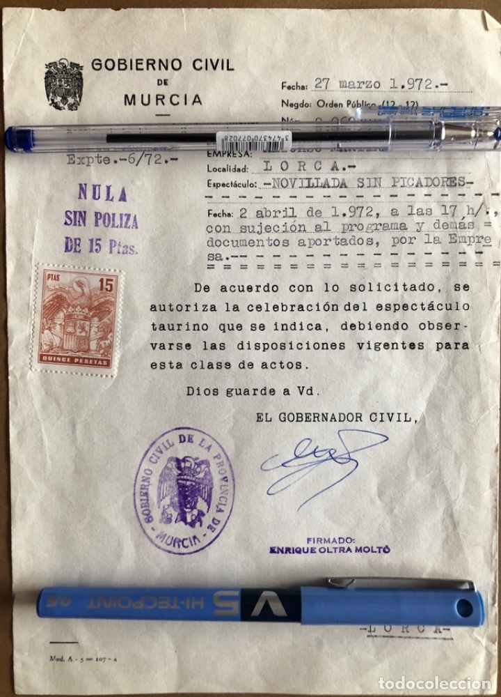 Documentos antiguos: LORCA- MURCIA-  GOBIERNO CIVIL-  AUTORIZACION NOVILLADA  1.972