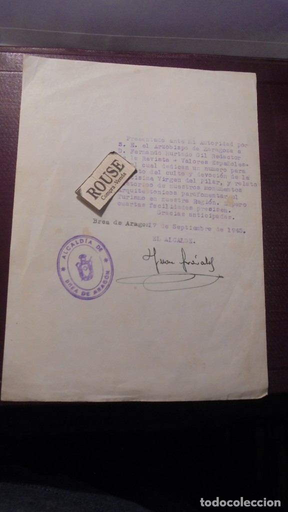 Documentos antiguos: BREA DE ARAGON - 17 SEPTIEMBRE 1945 AUTORIZACION Y FACILIDADES - DEVOCION VIRGEN DEL PILAR FIRMA DEL