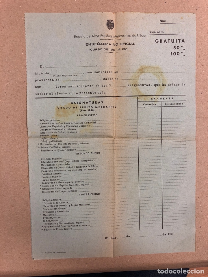 Documentos antiguos: MATRICULA DE LA ESCUELA DE ALTOS ESTUDIOS MERCANTILES DE BILBAO, A&Ntilde;OS 60.