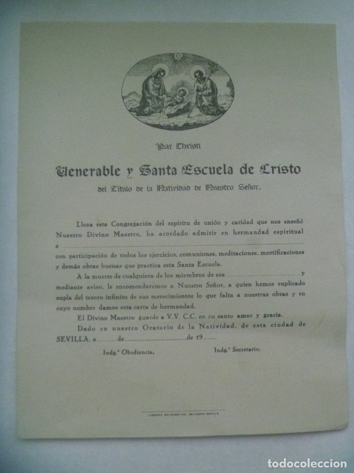 Documentos antiguos: SANTA ESCUELA DE CRISTO : DIPLOMA DE ADMISION A LA HERMANDAD . SEVILLA,  PRINCIPIOS DE SIGLO