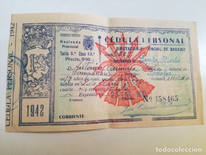 Documentos antiguos: CEDULA PERSONAL A&Ntilde;O 1942. - Foto 1