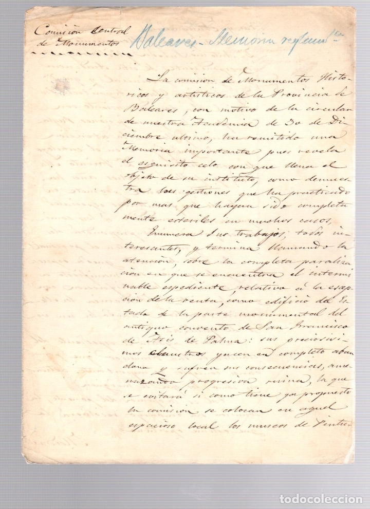 Documentos antiguos: COMISION DE MONUMENTOS HISTORICOS Y ARTISTICOS BALEARES. A&Ntilde;O 1874 - Foto 2