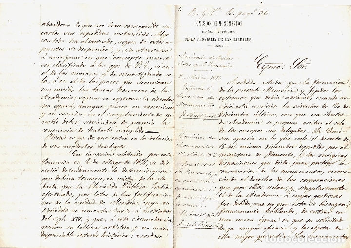 Documentos antiguos: COMISION DE MONUMENTOS HISTORICOS Y ARTISTICOS BALEARES. A&Ntilde;O 1874 - Foto 1