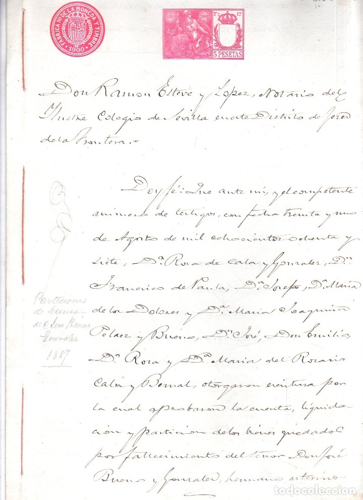 Documentos antiguos: JEREZ DE LA FRONTERA. ACEPTACION DE HERENCIA. D. JOSE BUENO Y GONZALEZ. 1900. 16 PAG.