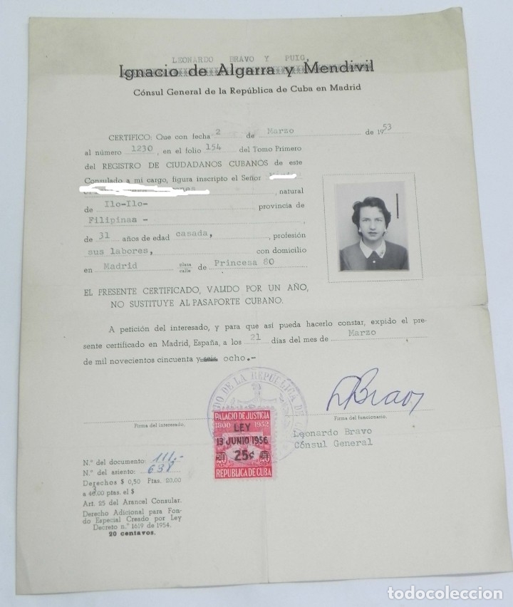 Documenti antichi: CERTIFICACION DEL CONSULADO GENERAL DE LA REUBLICA DE CUBA EN MADRID 1958, REGISTRO DE CIUDADANOS CU