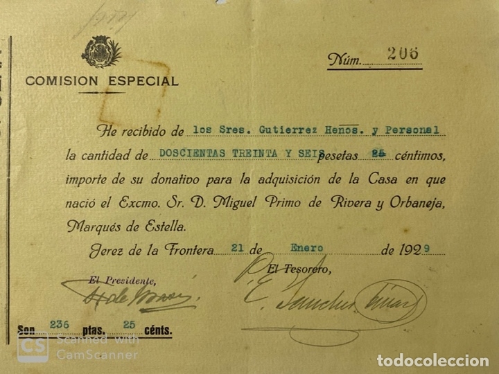 Documentos antigos: JEREZ,1929.RECIBI DONATIVO PARA ADQUISICION DE CASA EN CREACION.PRIMO DE RIVERA.MARQUES DE ESTELLA.