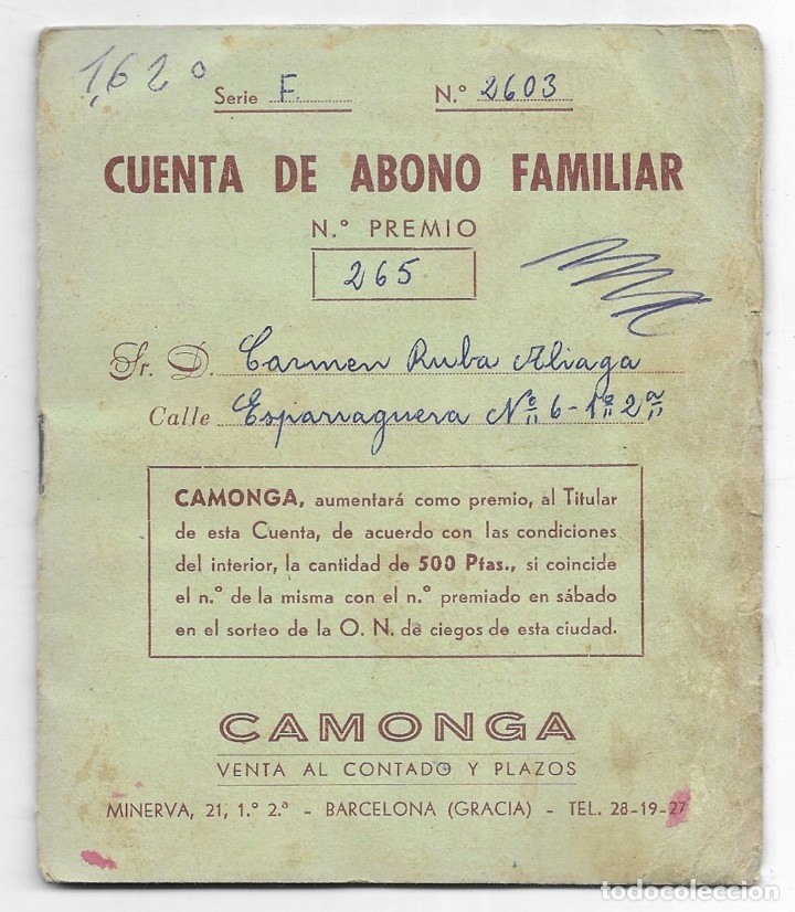 Documentos antiguos: Cuenta de Abono Familiar.  Camonga.  venta al contado y plazos - Foto 1