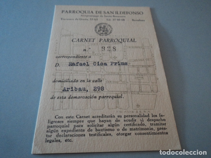 Documentos antiguos: ANTIGUO CARNET DE LA PARROQUIA DE SAN ILDEFONSO - Foto 1