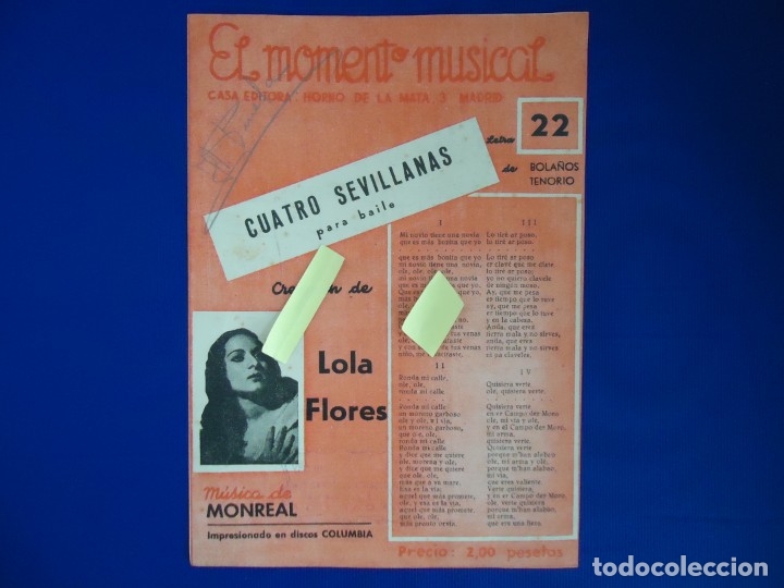 Documentos antiguos: partitura musica cancion espa&ntilde;ola lola flores cuatro sevillanas monreal madrid espa&ntilde;a baile flamenco