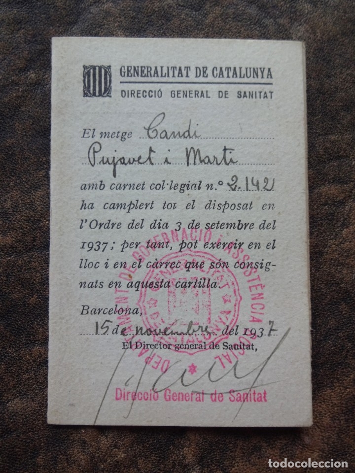 Documents Anciens: carnet oficial medico a&ntilde;o 1937 catalunya republica direccion de sanidad