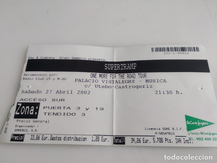 Documentos antiguos: ANTIGUA ENTRADA CONCIERTO SUPERTRAMP - Foto 1