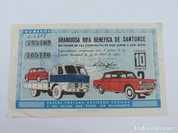 Documenti antichi: PAPELETA RIFA BENEFICA DE SANTURCE EN FAVOR DE LAS PARROQUIAS DE SAN JORGE Y SAN JUAN, ABRIL DE 1962