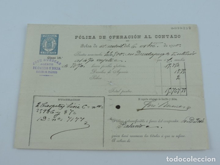 Documentos antigos: POLIZA DE OPERACIONES AL CONTADO. CON SELLO DE AGENTE DE CAMBIO Y BOLSA, MADRID, A&Ntilde;O 1900, MIDE 23,5
