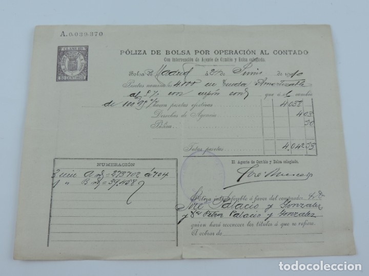 Documenti antichi: POLIZA DE OPERACIONES AL CONTADO. CON SELLO DE AGENTE DE CAMBIO Y BOLSA, MADRID, A&Ntilde;O 1900, MIDE 23,5