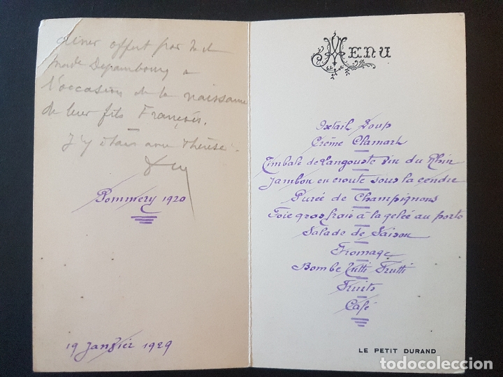 Documentos antiguos: MENU MINUTA 1929 - Foto 2
