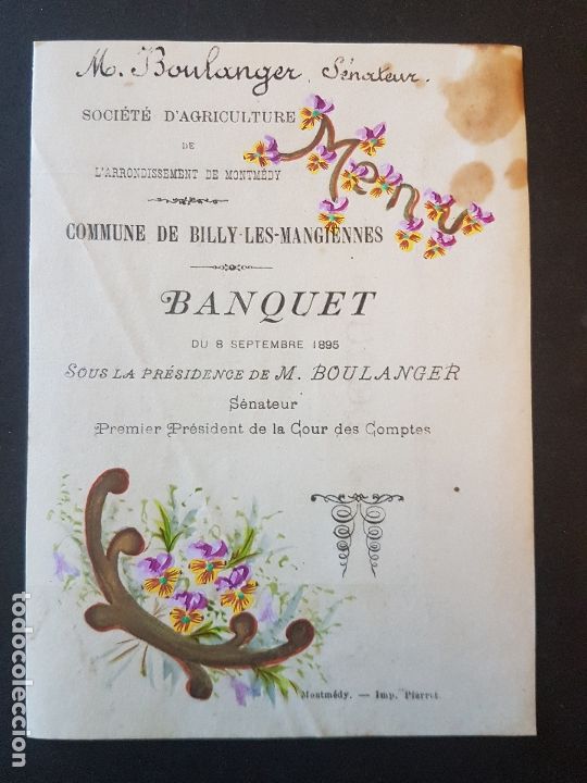 Documentos antiguos: MENU MINUTA 1895 - Foto 1