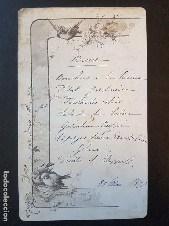 Documentos antiguos: MENU MINUTA PAJAROS 1898 - Foto 1